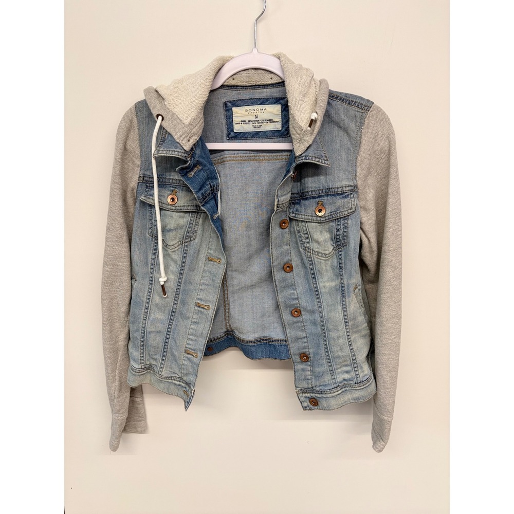 90s Grunge Skater Denim Jacket Layered Hoodie Women M Blue Grey